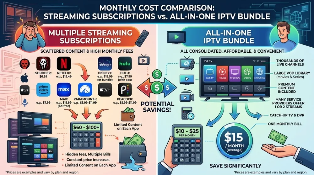 Infographic comparing the high monthly cost of Shudder and multiple streaming subscriptions versus an all-in-one IPTV bundle