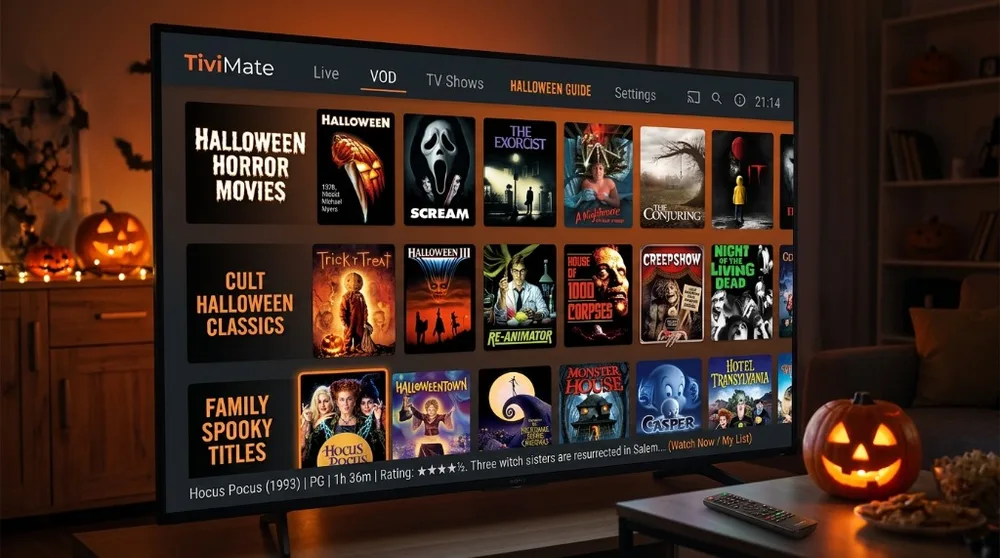 TiviMate IPTV interface displaying categorized Halloween horror movies, cult classics, and family spooky titles