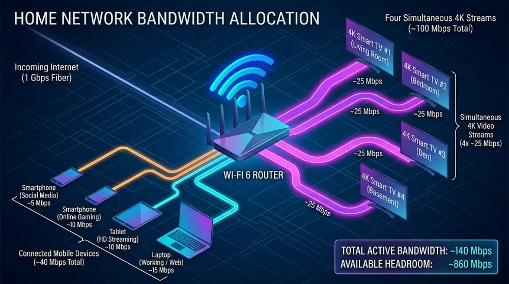 Diagram showing home network bandwidth allocation across four simultaneous 4K streams, Wi-Fi 6 router, and connected mobile devices