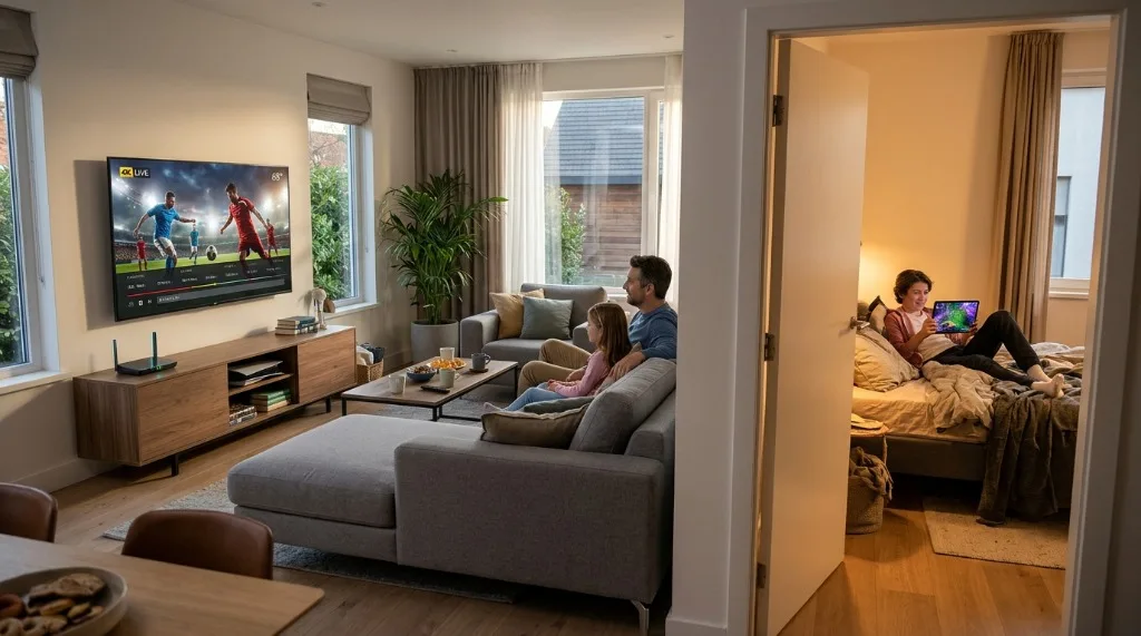 Modern family home living room and adjoining bedroom showing simultaneous 4K IPTV streaming on a Smart TV and tablet without buffering