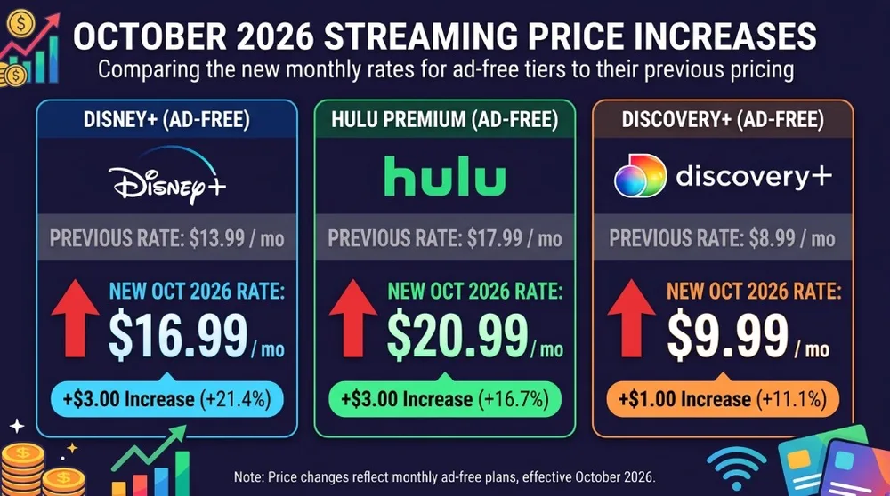 Infographic detailing October 2026 price increases across Disney Plus, Hulu Premium, and Discovery Plus compared to previous rates