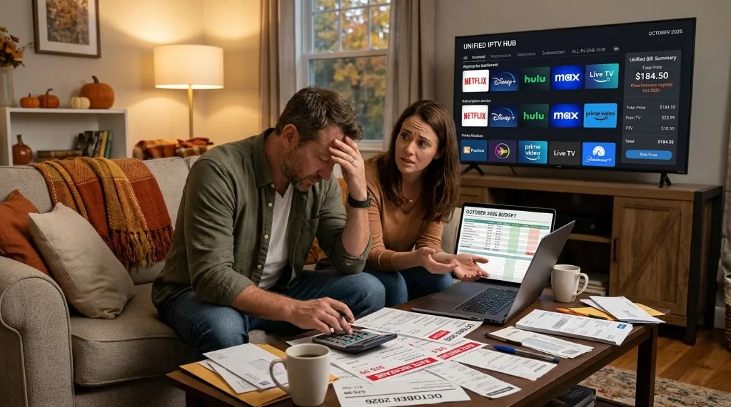 A stressed US household evaluating rising October 2026 streaming bills next to a 4K TV displaying a single unified IPTV interface