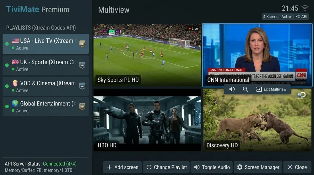 TiviMate IPTV player interface demonstrating multiple active playlist profiles and simultaneous screen management via Xtream Codes API
