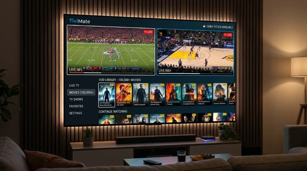 TiviMate player on a living room 4K OLED TV combining live NFL and NBA sports feeds with an 8,000-title VOD movie library